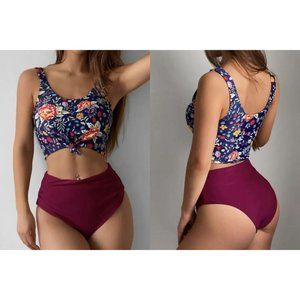 Zaful High Waisted Ruched Floral Knot Front Bikini Set 12